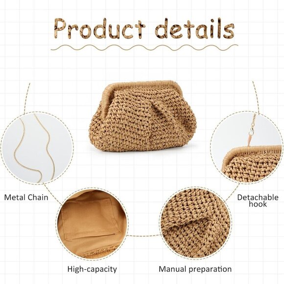 Straw Clutch Purse for Women Cloud Dumpling Pouch Straw Crossbody Shoulder Handb - Picture 3 of 6